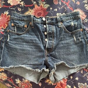 Levi's Dark Blue Distressed Jean Shorts with Button Fly